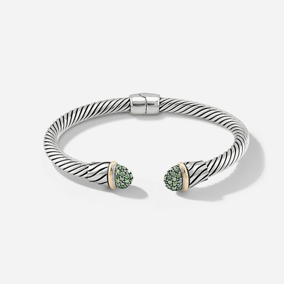 5mm Braided Silver & 18k Gold Cable Bracelet with Green Diamond and Middle Clasp - Picture 1 of 5